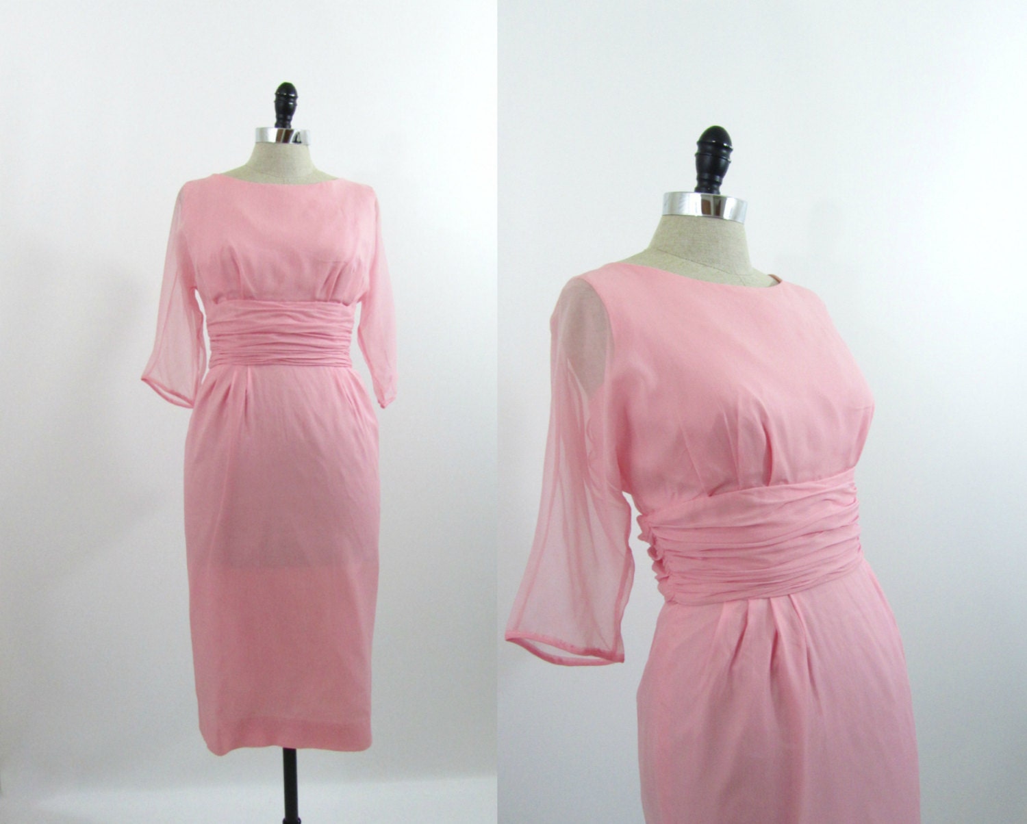 Vintage 1950s 1960s Cocktail Wiggle Dress Pink Chiffon Size M