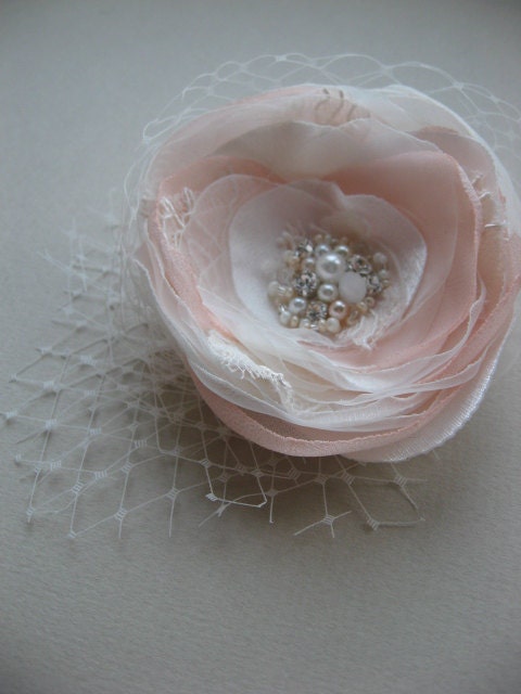 Wedding hairpiece Bridal Hairclip lace Flower Ivory Blush Pink lace, rhinestone, pearls french / russian tulle, veil, netting Fascinator