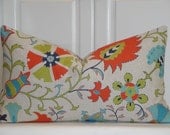 BOTH SIDES - Decorative Pillow Cover - 12 x 21 - Floral Suzani - Orange - Teal - Citrine - Navy Blue