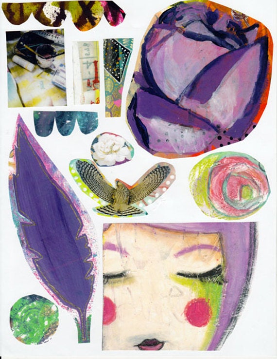 Purple rose feather face collage sheet