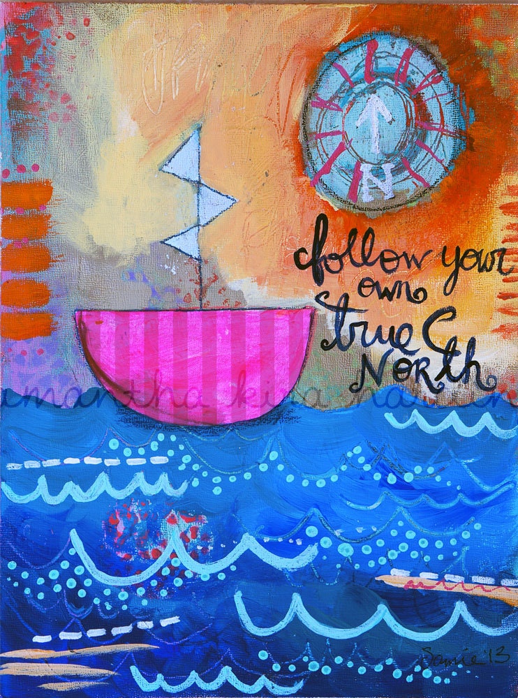 Follow Your Own True North ocean and boat PRINT 9"x12"