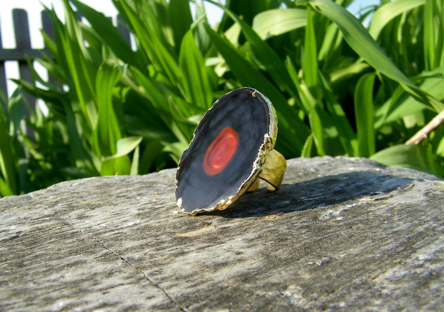 Brown Banded Agate Slab Cocktail Ring.  Gold Dipped Edge. Adjustable Statement Ring