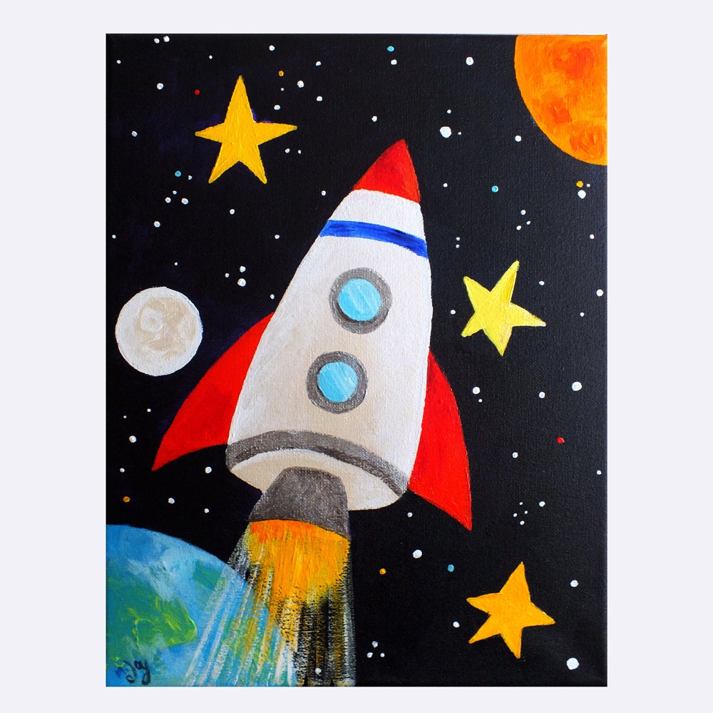 Childrens Wall Art PRINT, ROCKET No.2, 16x20 Space themed wall art for kids rooms