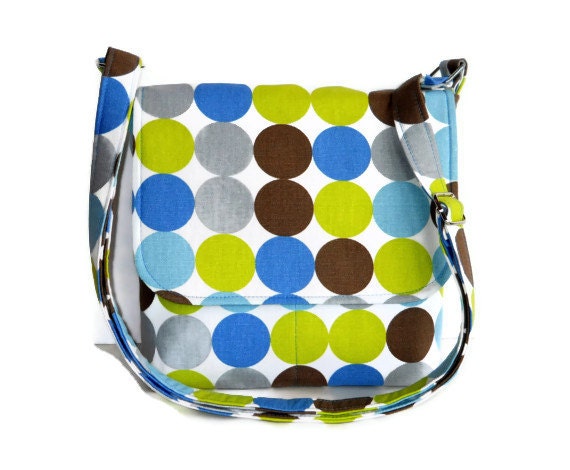 Small Canvas Hip Bag, Small Messenger Purse - Blue Green Brown Polka Dots