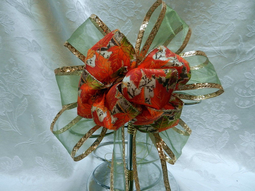 Fall/Autumn Bow Orange leaves trimmed in gold  on a sheer green with gold trim ribbon