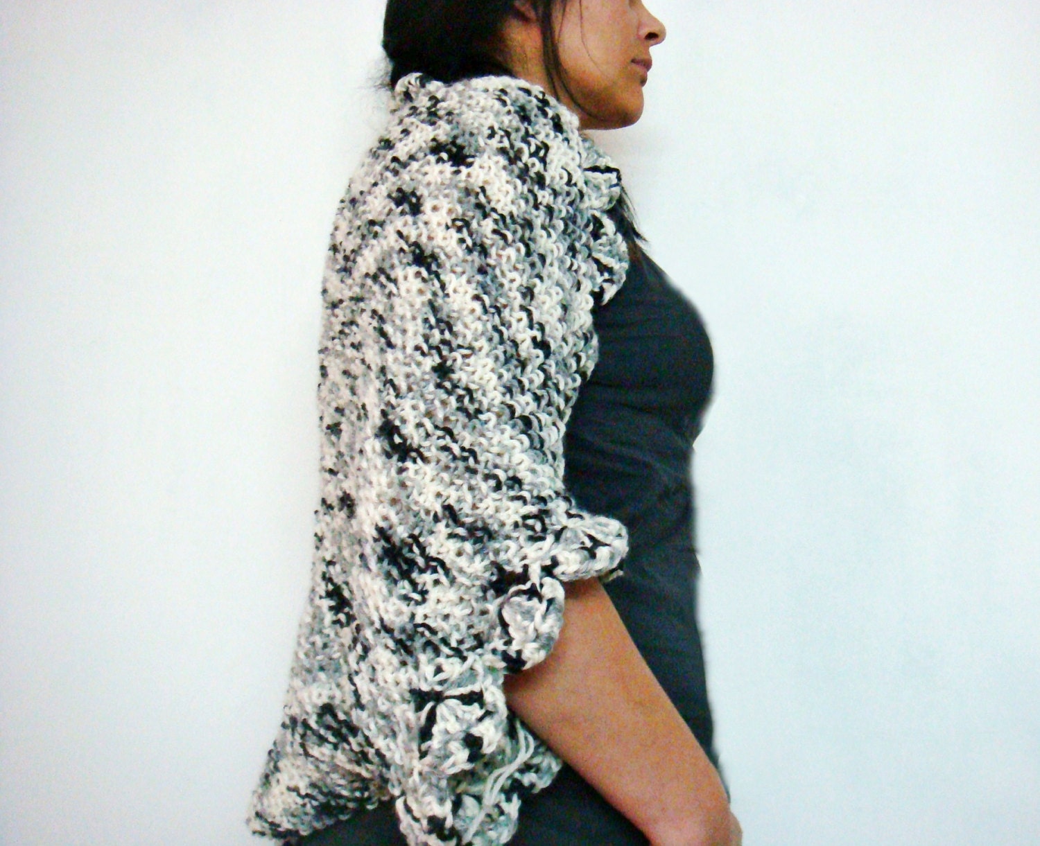 Hand Knit Oversized Shrug Cardigan Black White Grey