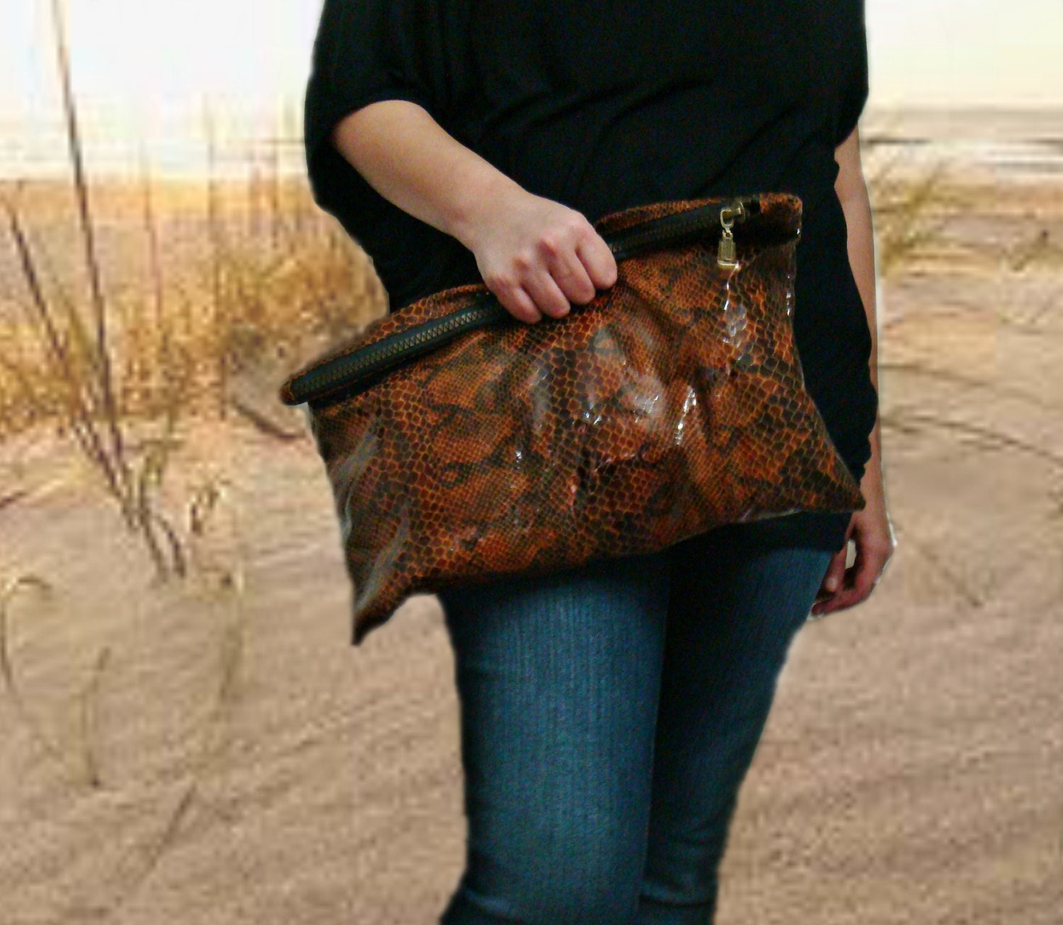 Oversized Leather Clutch Bag in Rusty Brown Snake Print
