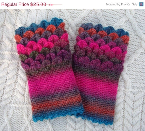 ON SALE Rainbow Funky Crochet Wrist Warmers Crocodile Stitch Wrist Cuffs Handmade in Ireland