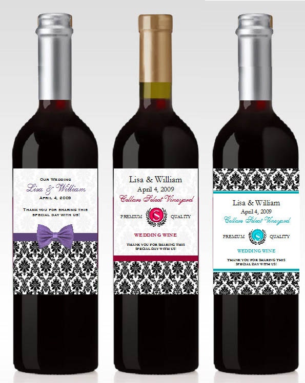 personalized DAMASK wine bottle labels favors - bridal shower birthday wedding anniversary