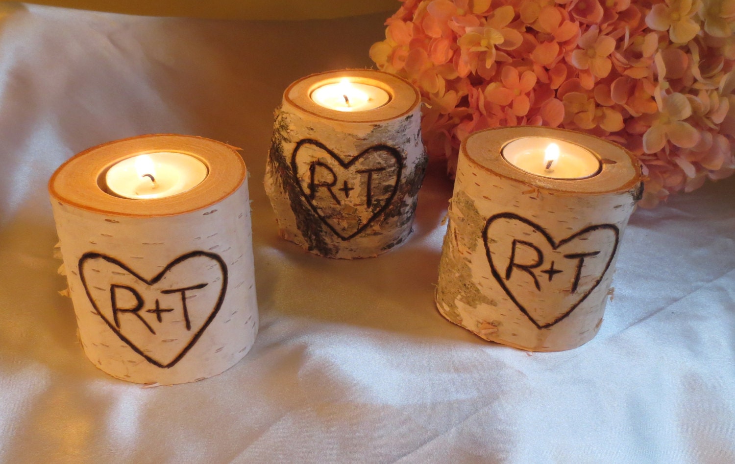 10  - 3" Personalized Birch Candle Holders for Weddings, Bridal Showers, Garden Party Wood Candle Holder