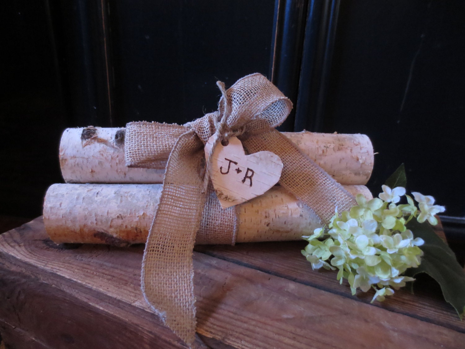 Personalized  Birch Log Bundle with Burlap Ribbon and Birch Heart  Wedding Decor Cottage Chic