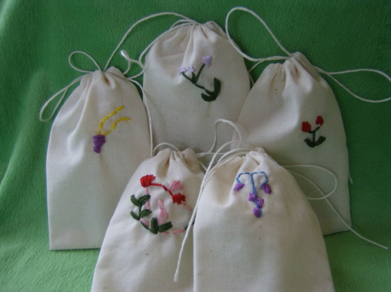 REUSABLE Handmade Muslin Drawstring Pouches, Embroidered, Set of 5