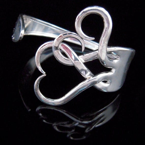 Vintage Silverware Fork Bracelet in Original Intertwining Hearts Design