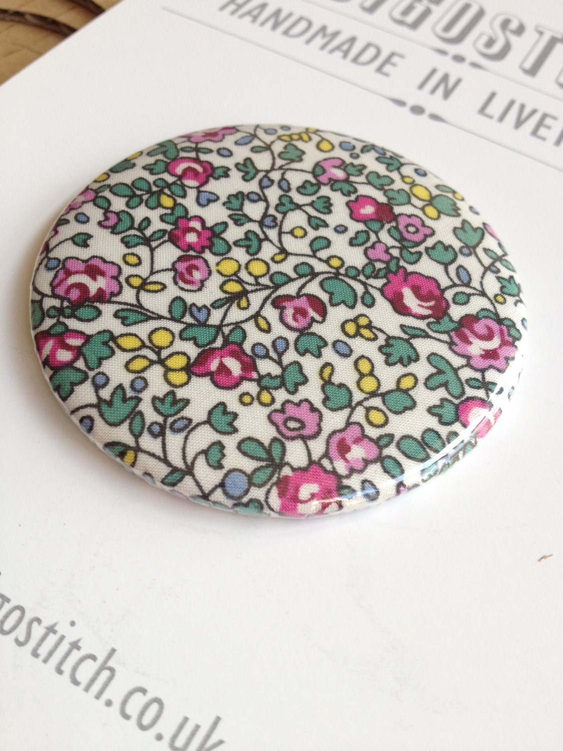 Pink, green and yellow ditsy flowers Liberty Tana Lawn Fabric Pocket Mirror
