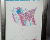 Personalised Turquoise and Pink Bright Patchwork Bird Print