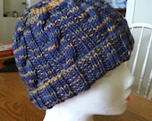 Hand Knit Cable Stitched Hat - Purple/Gold/Denim Blue
