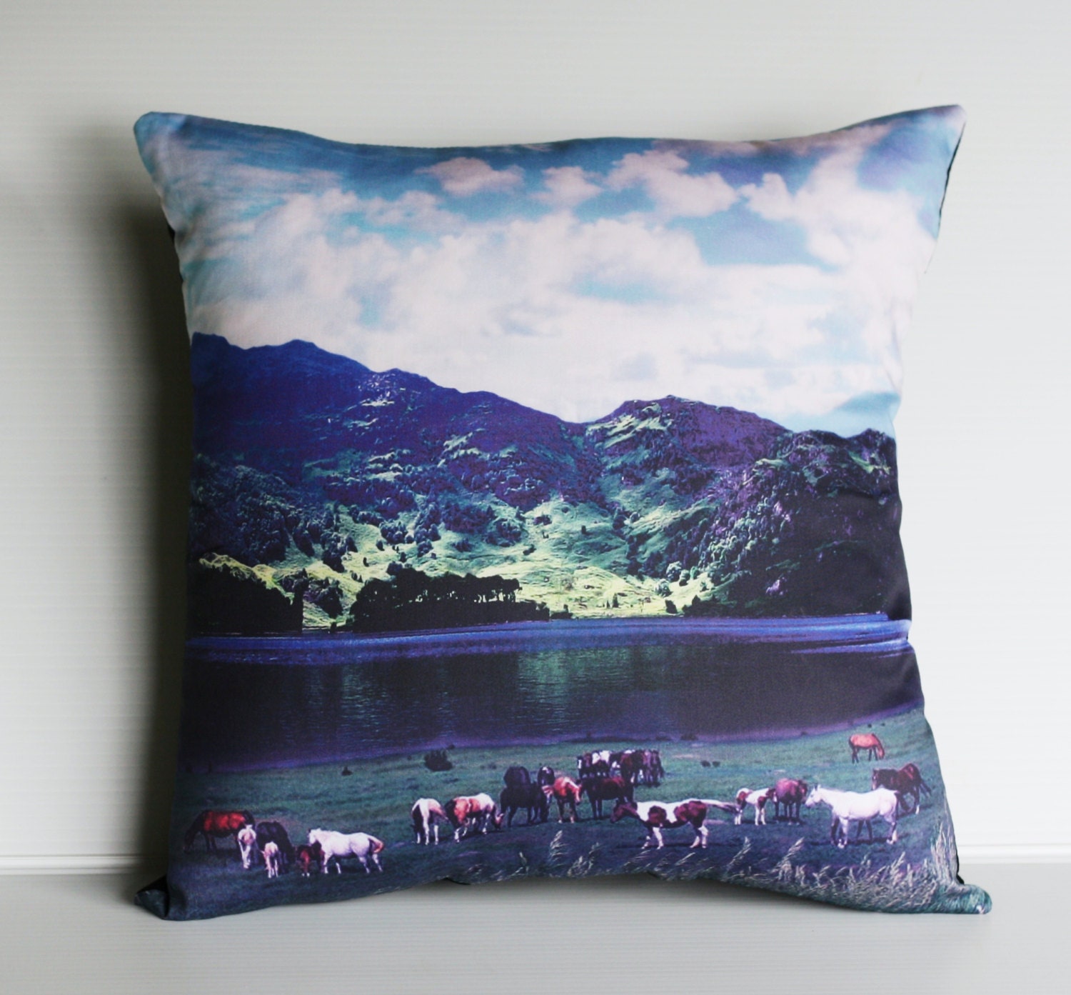 decorative cushion, 16x16  pillow cover, throw pillow , cushions VALLEY SCENE  organic cotton cushion cover, pillow, 16", 41cms