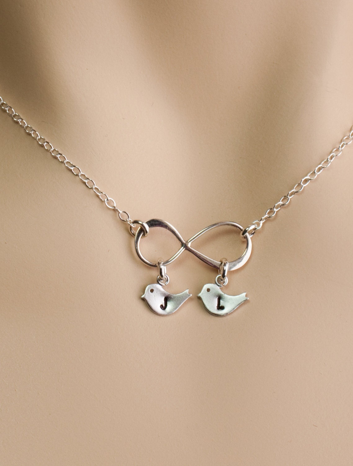 Silver Jewelry.Personalized Silver Infinity Bird Necklace, His and Her initials, friendship, family gift,Couple Infinity Love