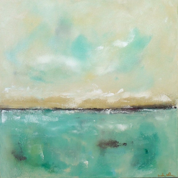 Green Blue Landscape Painting Original Art -Lakeview Morning 20 x 20