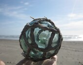 Japanese Glass Fishing Float -  Baseball Size, Original Net, Kanji, Yellow Swirls