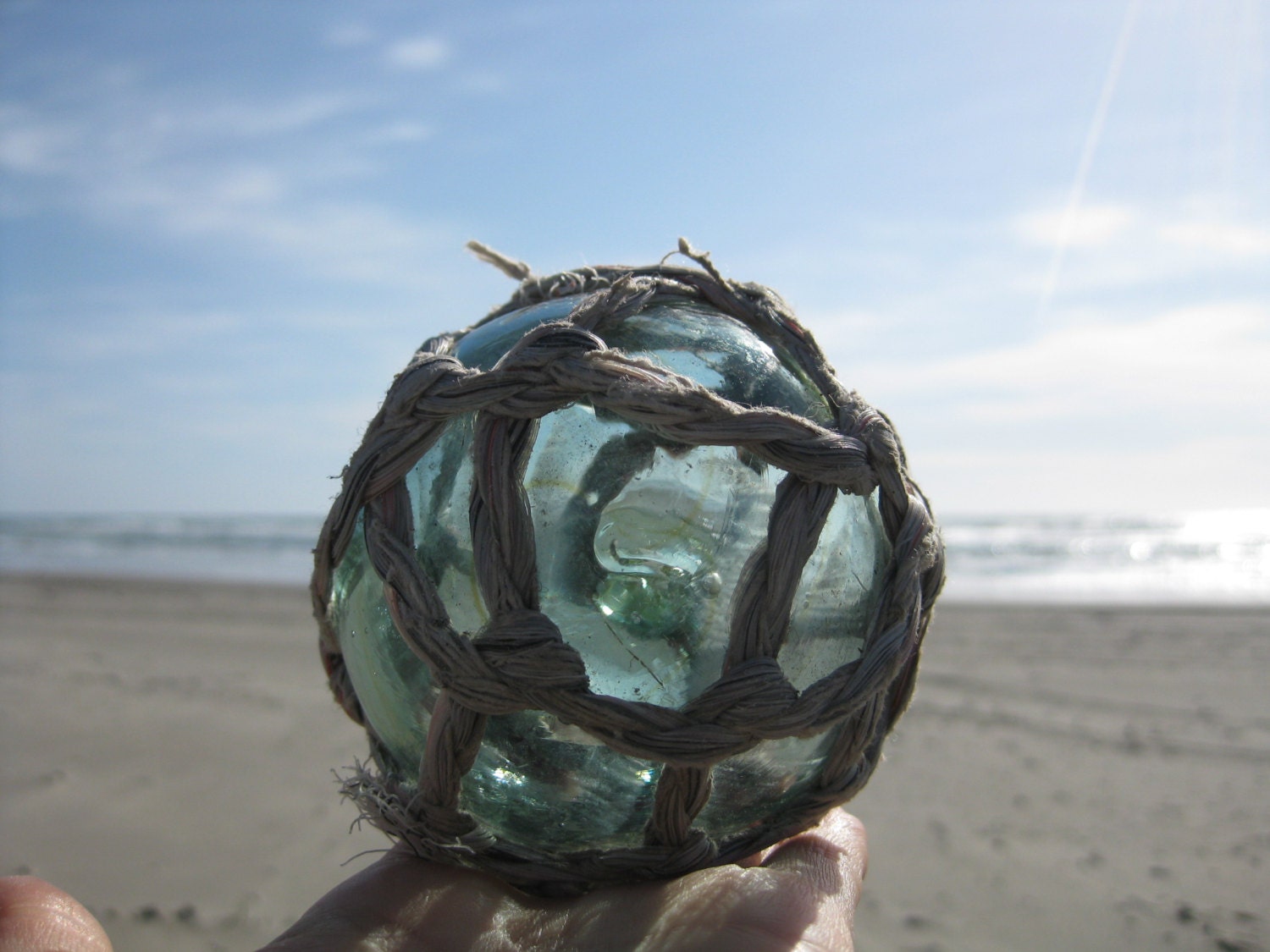Japanese Glass Fishing Float -  Baseball Size, Original Net, Kanji, Yellow Swirls
