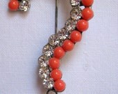 Vintage Unique Question Mark Orange Beaded and Diamond Rhinestone Brooch Pin