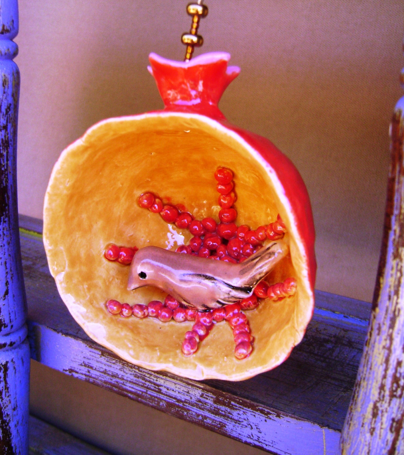 Pomegranate Ceramic Ornament with Brown Bird, Hand Sculpted