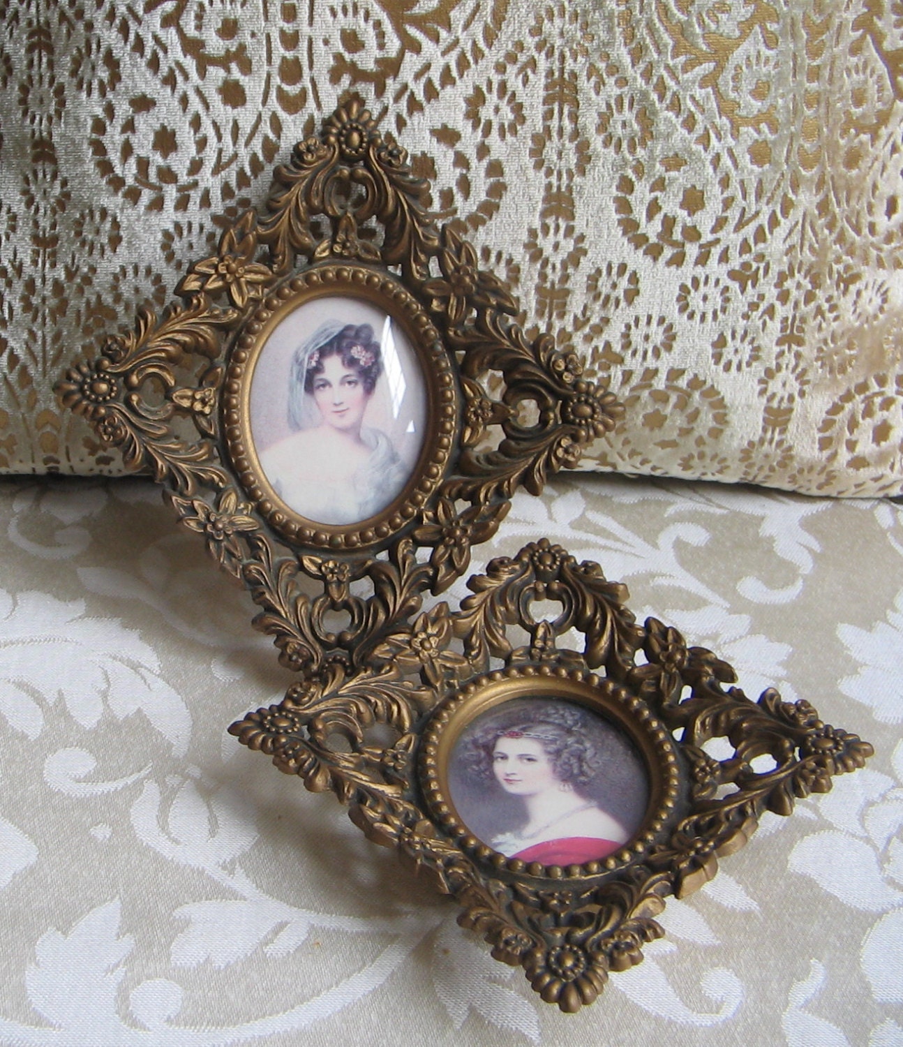 Vintage Woman Portrait Cameo Wall Art  Prints Ornate Gold Frame, Set of 2, Paris Apartment