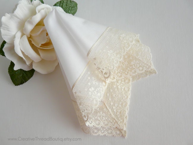 White Wedding Handkerchief with Ivory Vintage English Lace - Heirloom Bridal Hankie - Elegant - Romantic - Delicate