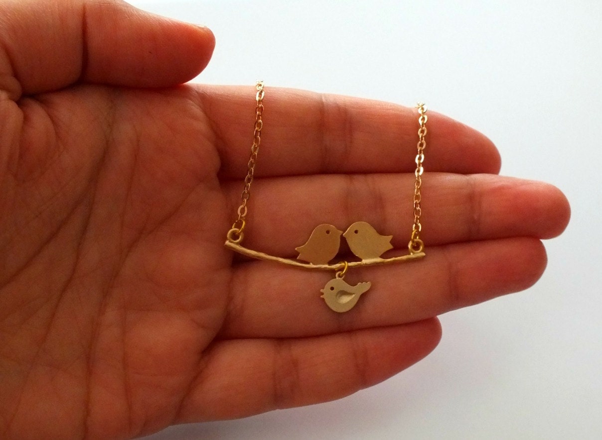 Three Love Birds on a Branch Necklace- Also Available in Silver, Family Bird Necklace, Mom and Baby Necklace, New Mom Gift, Baby Shower Gift