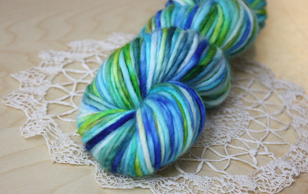 Hand Dyed Yarn / Green Aqua Turquoise Blue Chartreuse Mohair Wool / Bulky Weight