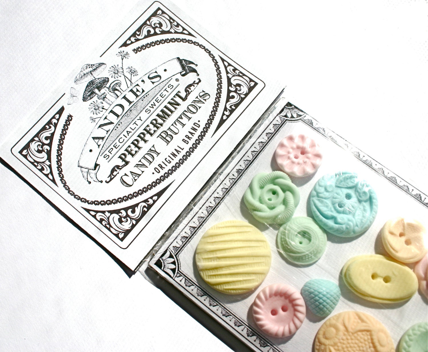 Candy Buttons - Pastel Peppermint on an old fashioned button Card -by Andie's Specialty Sweets