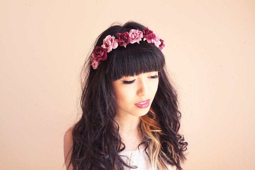 romantic pastel rose headband // burgundy & pastel pink - dainty, floral headpiece, nature inspired, vintage inspired, rustic rose, love.