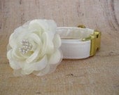 Ivory Satin Dog Collar with Brass Hardware and Small Flower Accessory