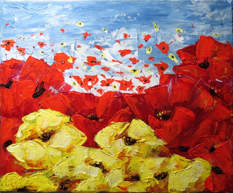 Poppies in the Wind, Acrylic Palette Knife Art, 8 x 10 Canvas Painting, Abstract Floral Art, Impasto Paint, Original Painting