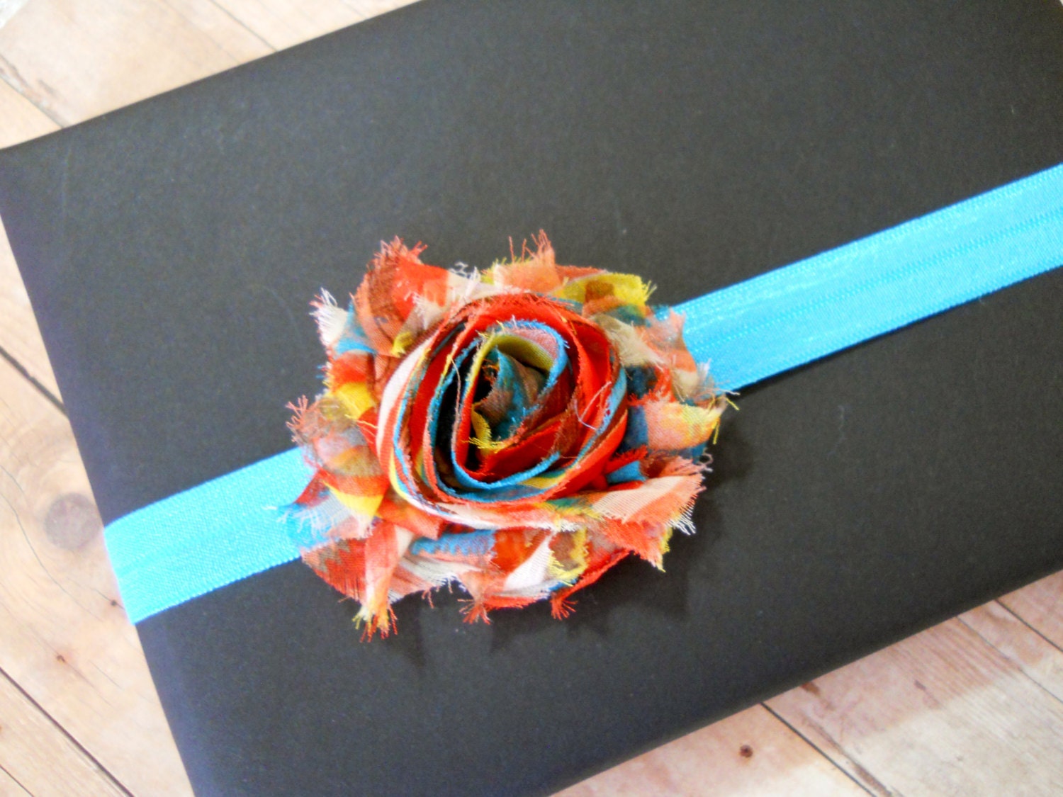 Colorful  Shabby Flower on Turquoise Foe - Sz. Small - Shabby Chic Headband