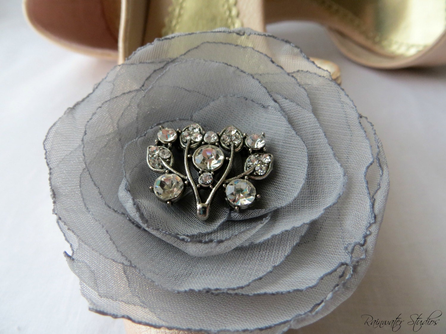 Wedding Hair Flower - Platinum Dove Gray Chiffon Hair Flower Clips, Two(2)Pack, Shoe Clips, Bridal Accessory, Made To Order