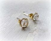 Small Faceted Crystal Quartz Stud Earrings // Gold Filled Wire Wrapped Posts