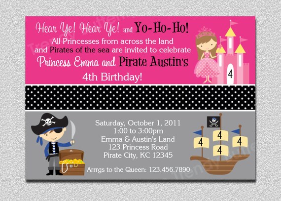 Princess and Pirate Birthday Invitation Princess and Pirate Party Birthday Invitation Twins Siblings Printable Il_570xn