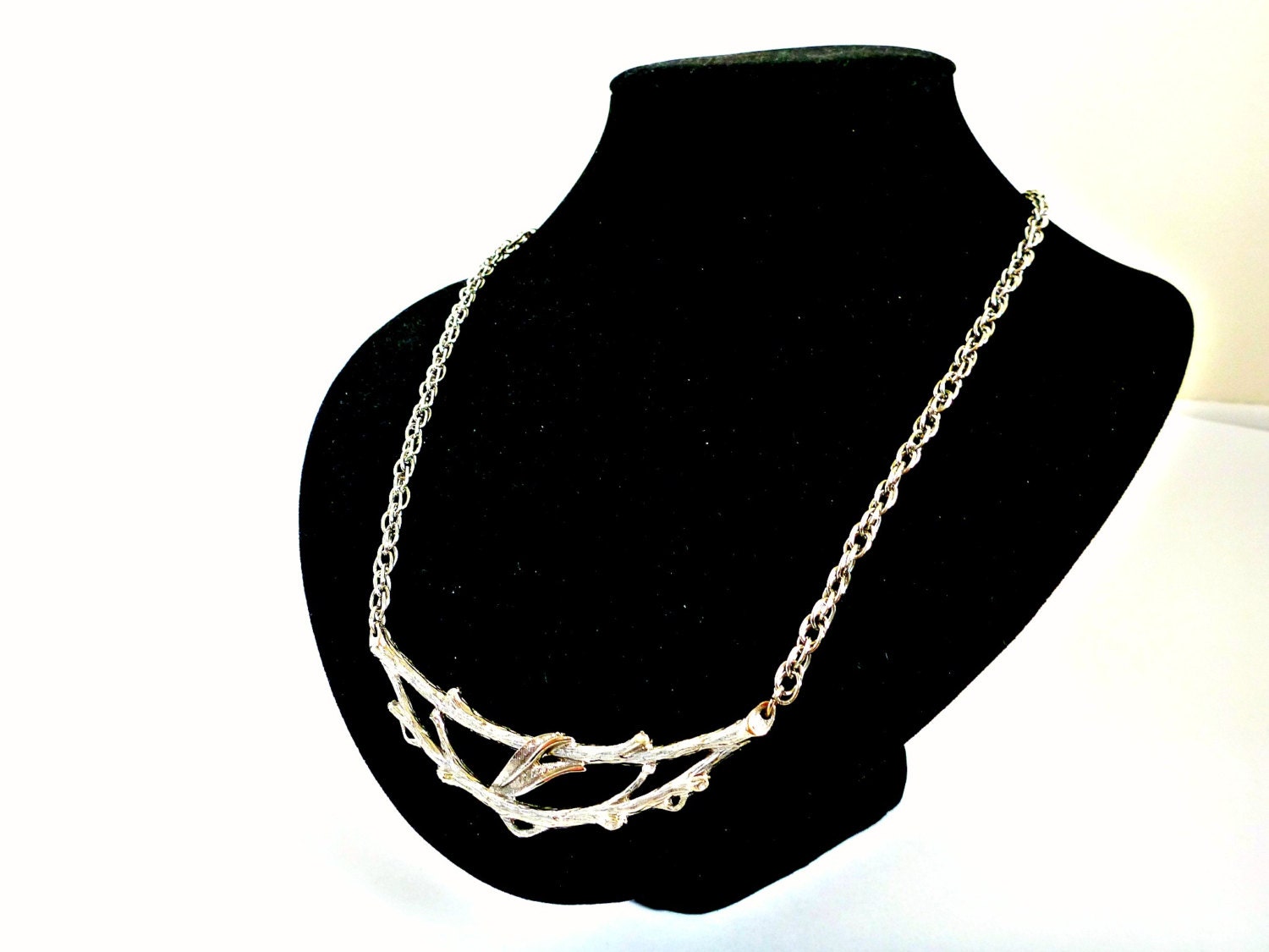 Vintage 70s Silvertone Bib Necklace- Branch, Boho, Ethereal, Whimsical, Statement Jewelry, Retro, Hippie