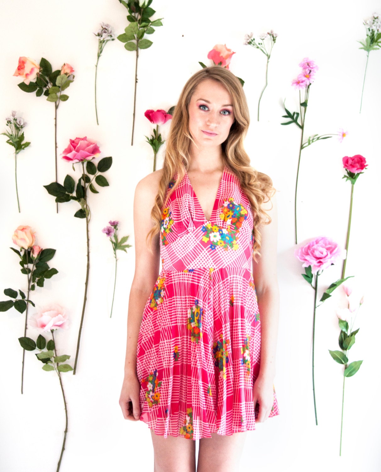 Monique, French Vintage, 1970s Pink Floral Pleated Halterneck Mini Dress, from Paris