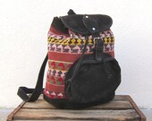 Vintage Navajo Woven Duck Graphic and Black Nubuck Leather Rucksack Backpack
