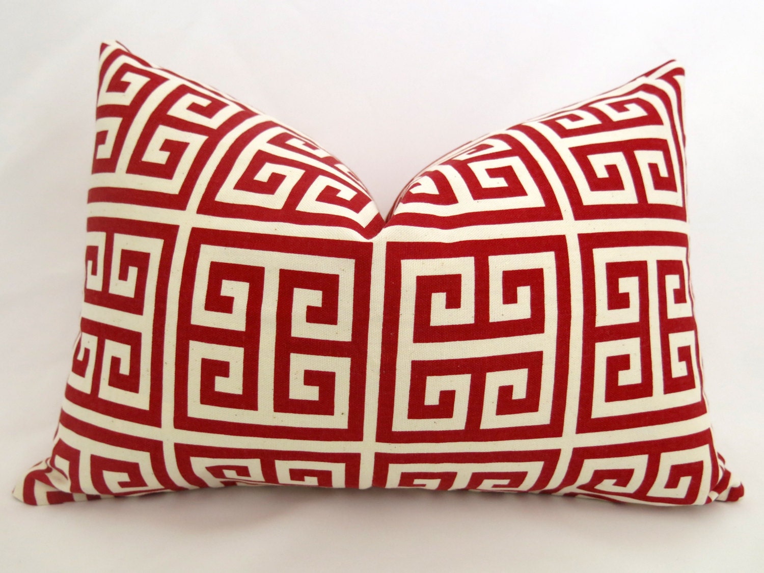 Designer Decorative Greek Key Pillow - Squares - Red and Cream - 12x18 inch - BOTH SIDES - Decorative Pillow - Lumbar Pillow - Red Pillow
