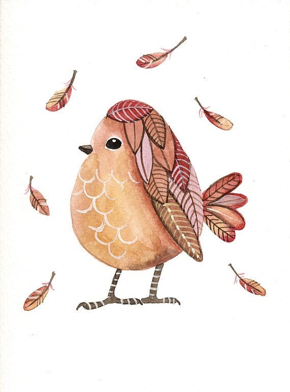 Watercolor Original Painting - Feather Bird - Postcard by Lorisworld