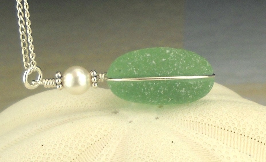 GENUINE Emerald Green Sea Glass Jewelry Wire Wrapped Necklace Sterling Silver And Pearl Eco Friendly