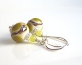 Olive green earrings - boho lampwork glass beads in swirls and spots of brown / moss green on creamy white - .925 sterling silver hooks