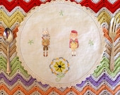 Moonrise Kingdom Bunnies with Yellow Floral Decorative Vintage Illustrated Doily