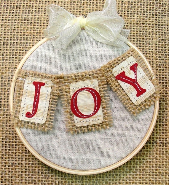 JOY Christmas Ornament Embroidery Hoop Art Rustic Folk Gift Country Vintage Style Bunting