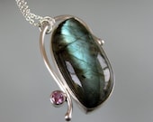 Blue Green Labradorite, Pink Tourmaline Sterling Silver Pendant Necklace