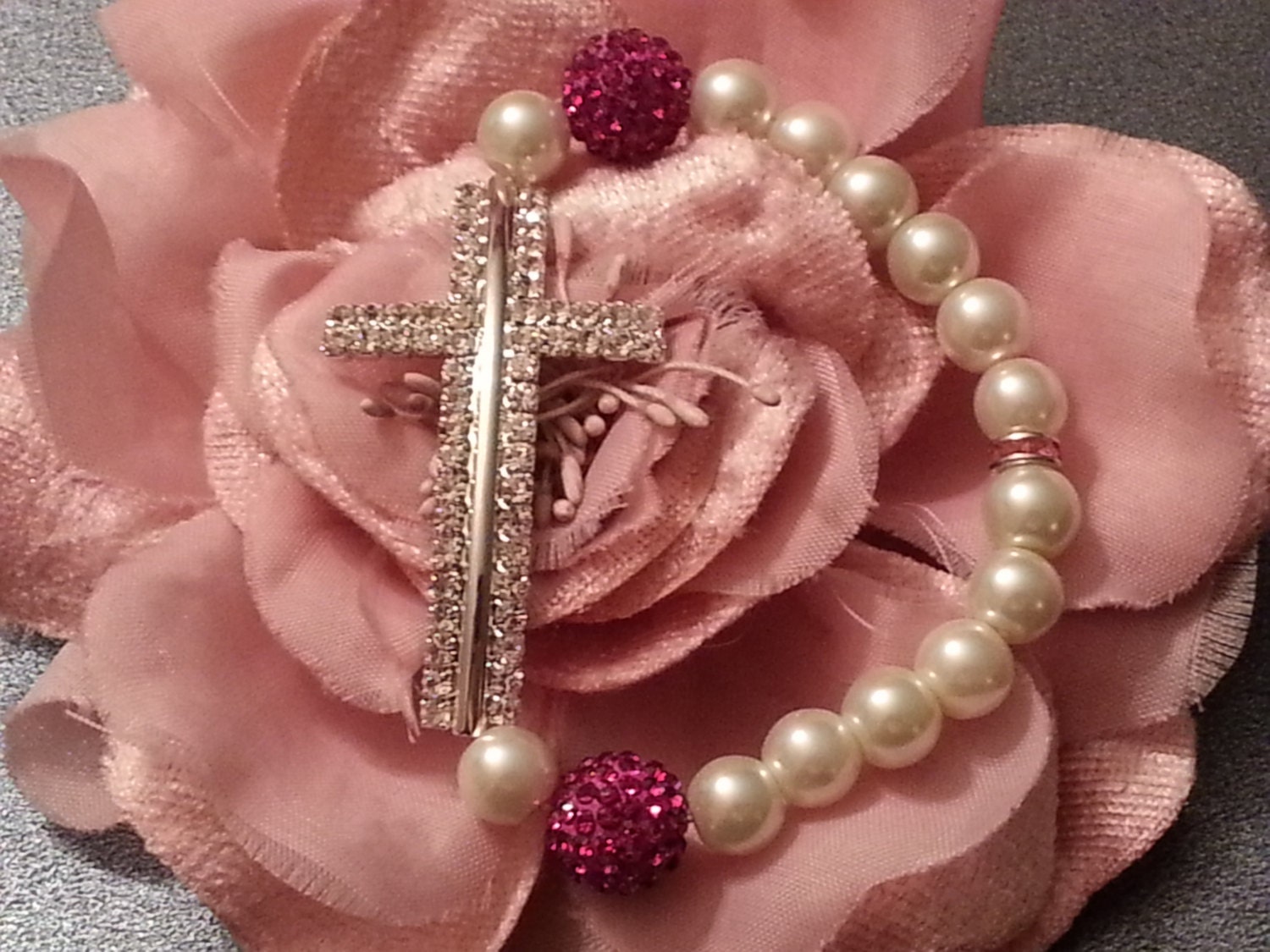 Bogo Sale Pave Crystal Silver Sideways Cross White Ivory Glass Pearls Disco Beads Faith Bracelet